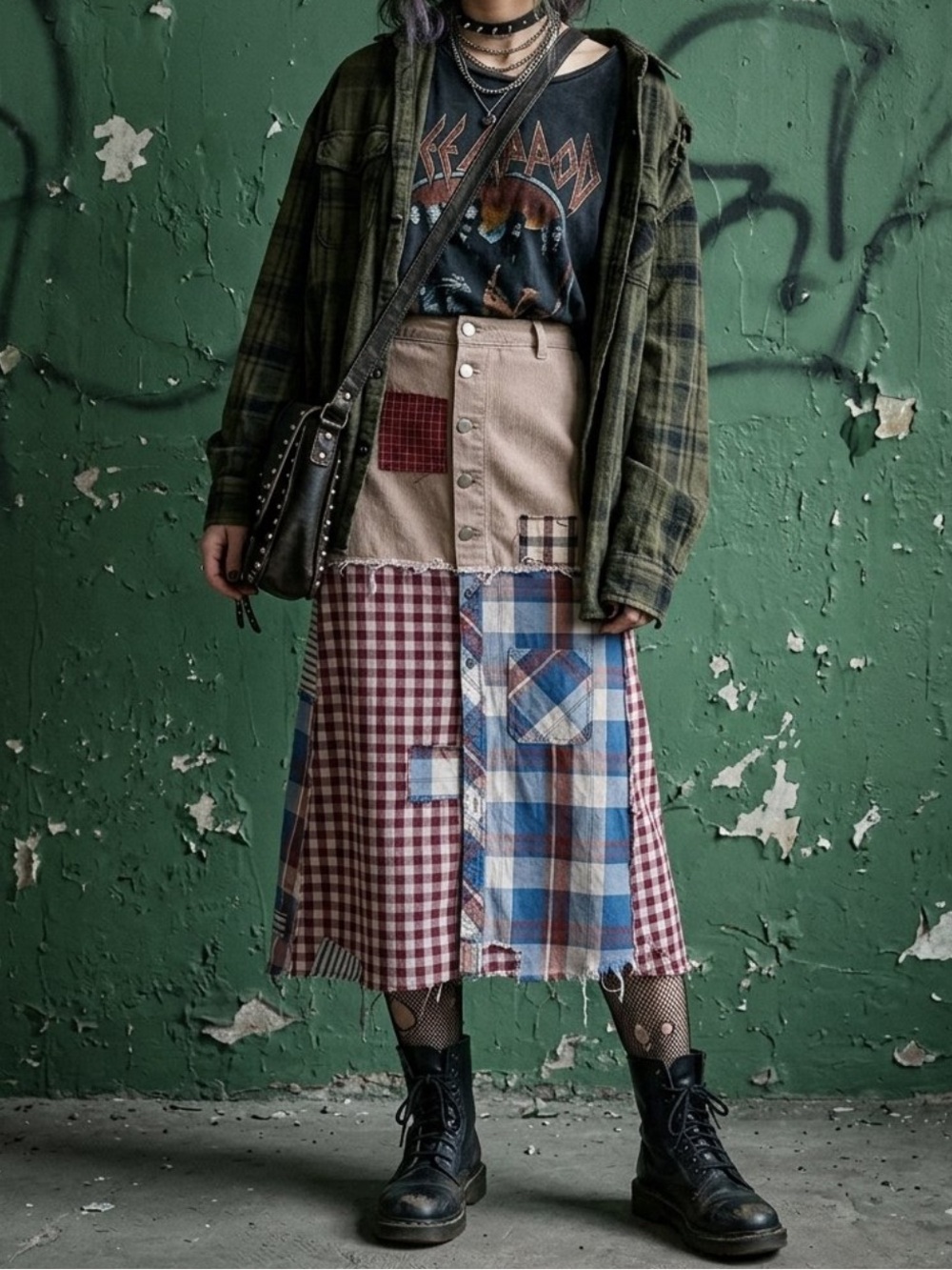 Upcycled patched American apparel denim and plaid button down shirt skirt
